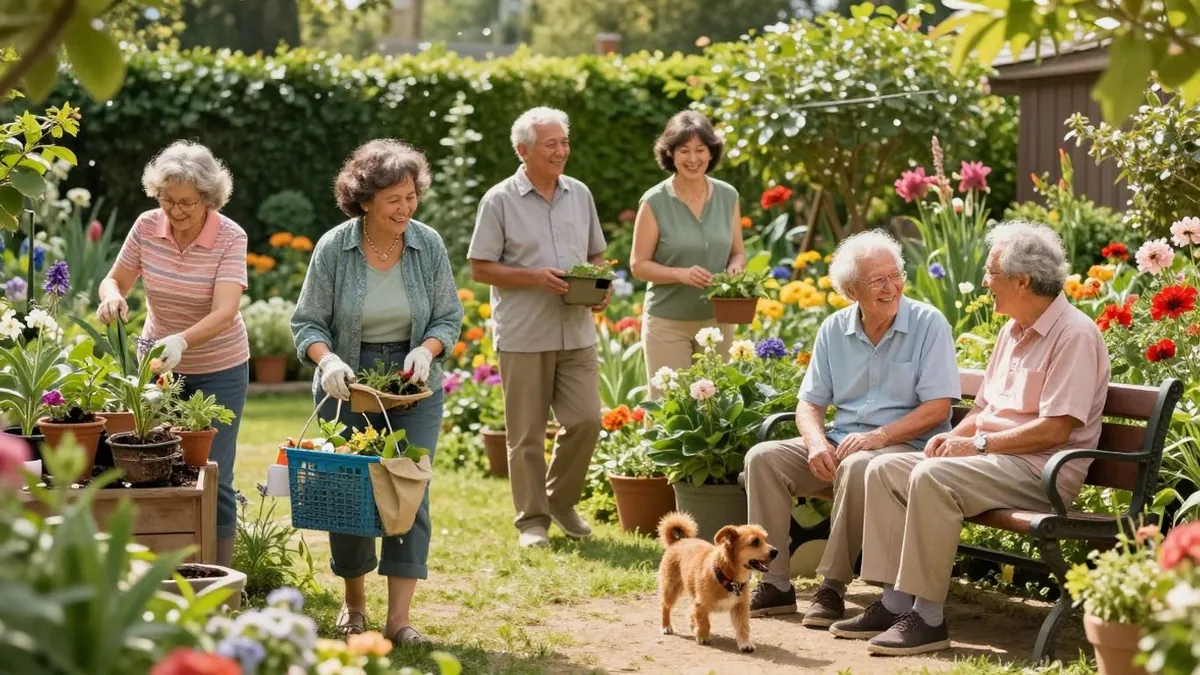 Pessoas idosas ativas e sorridentes em um jardim ensolarado.