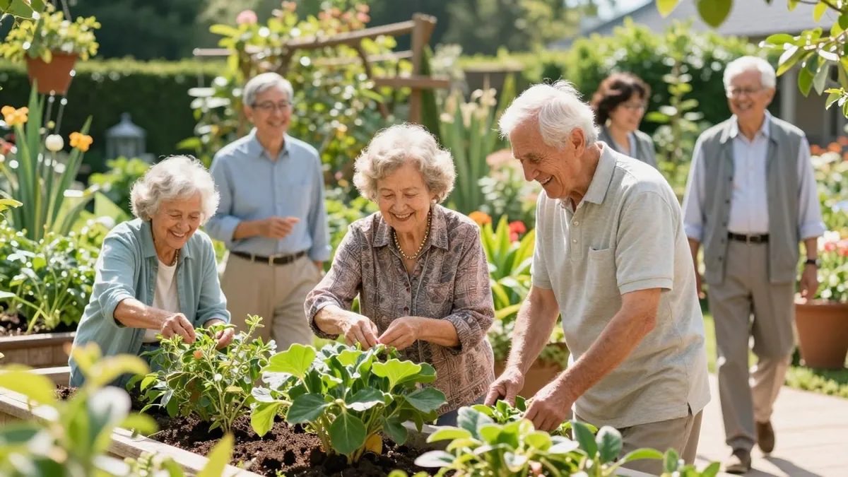 Pessoas idosas sorrindo em um jardim ensolarado.