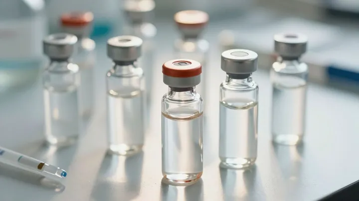Vários frascos de exames de sangue para hormônios.