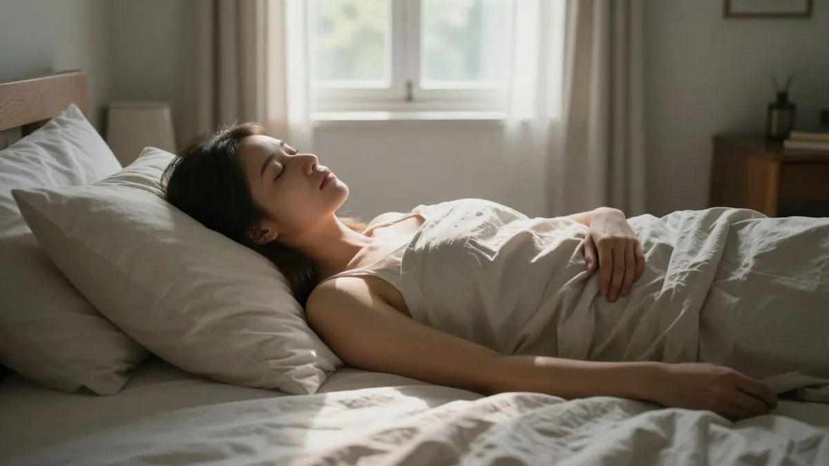 Mulher descansando após ninfoplastia em quarto tranquilo.