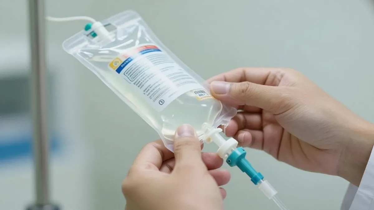 Mãos preparando soroterapia para emagrecimento em clínica.