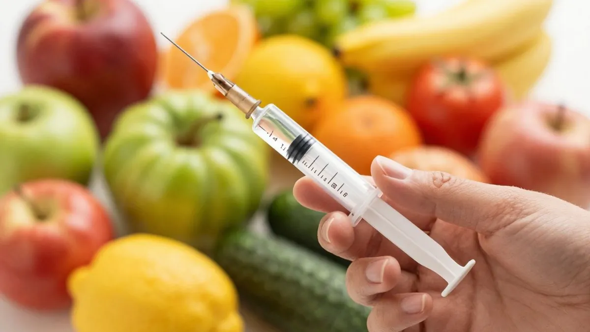 Seringa com líquido e frutas saudáveis ao fundo.