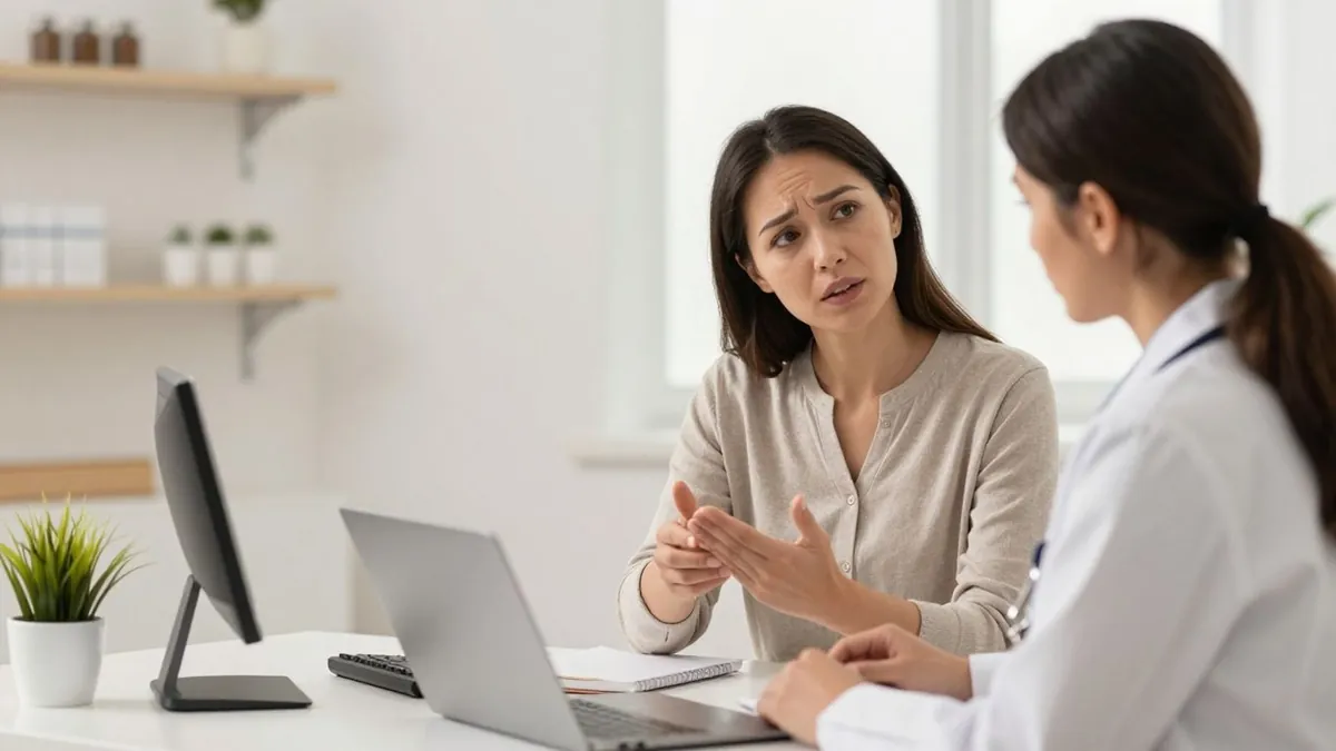 Mulher conversando com médica sobre sintomas noturnos