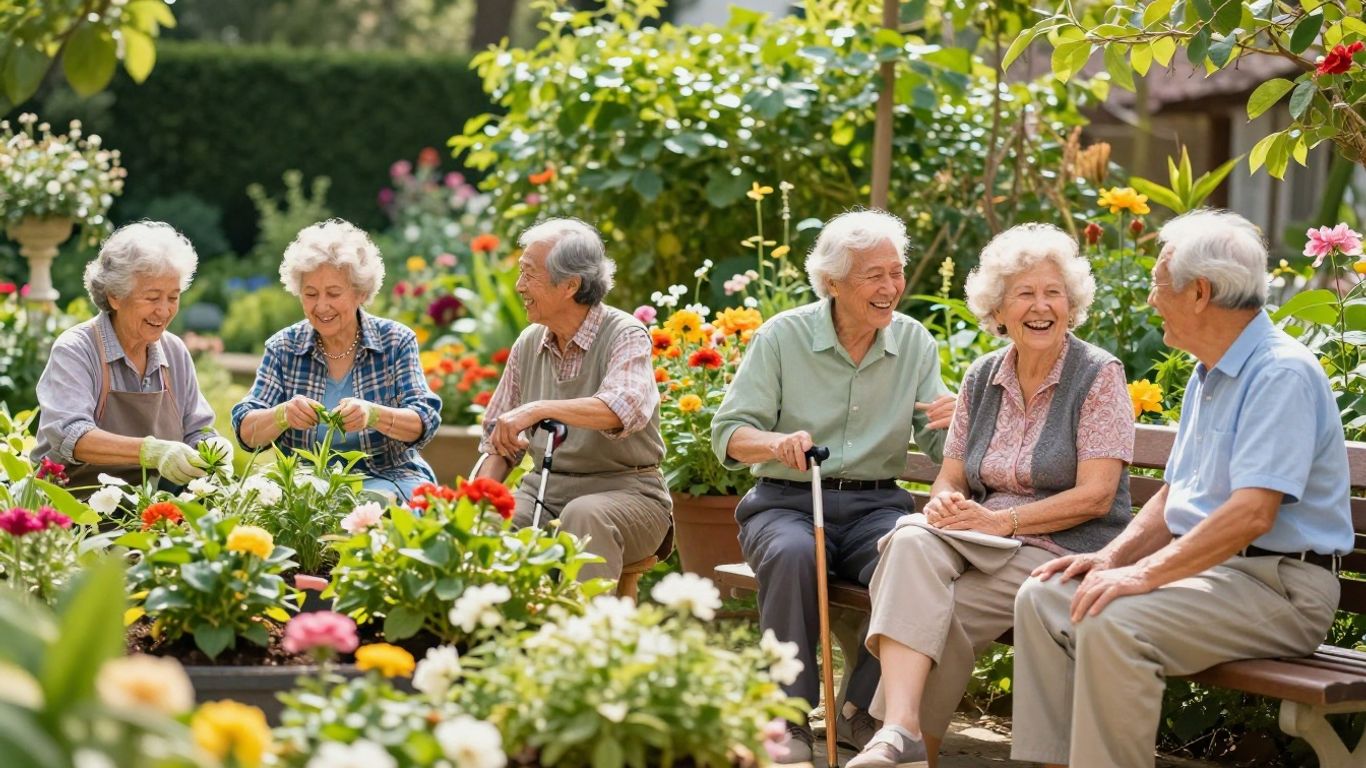 Pessoas idosas sorrindo e ativas em um jardim ensolarado.