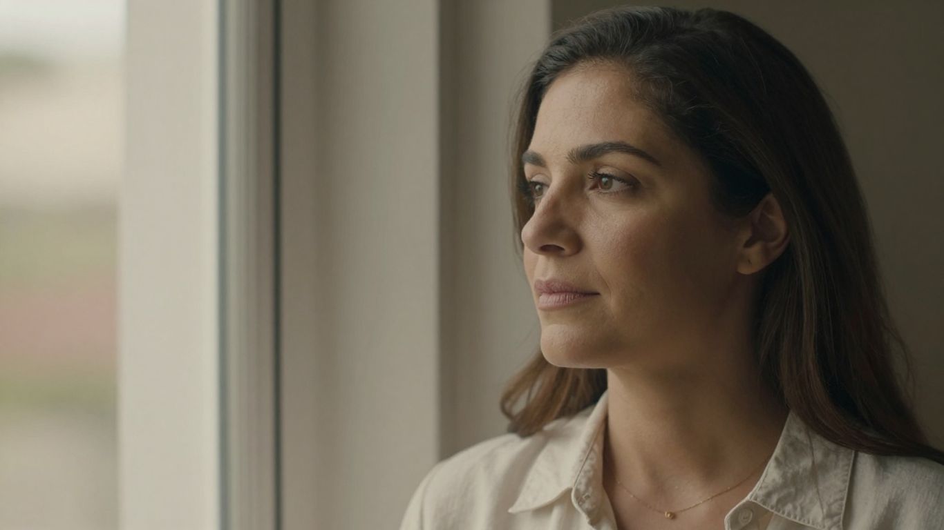 Mulher pensativa olhando pela janela em luz suave.