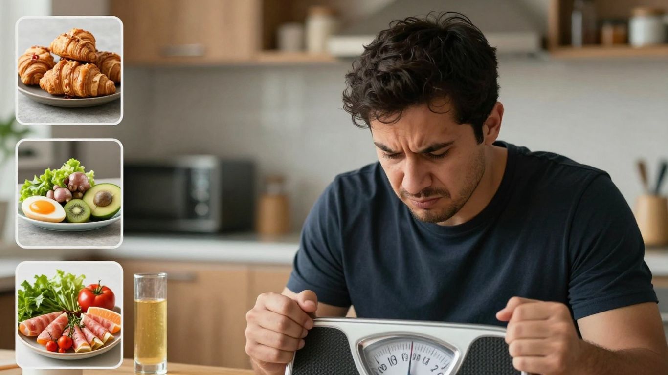 Pessoa frustrada com balança e comida não saudável.