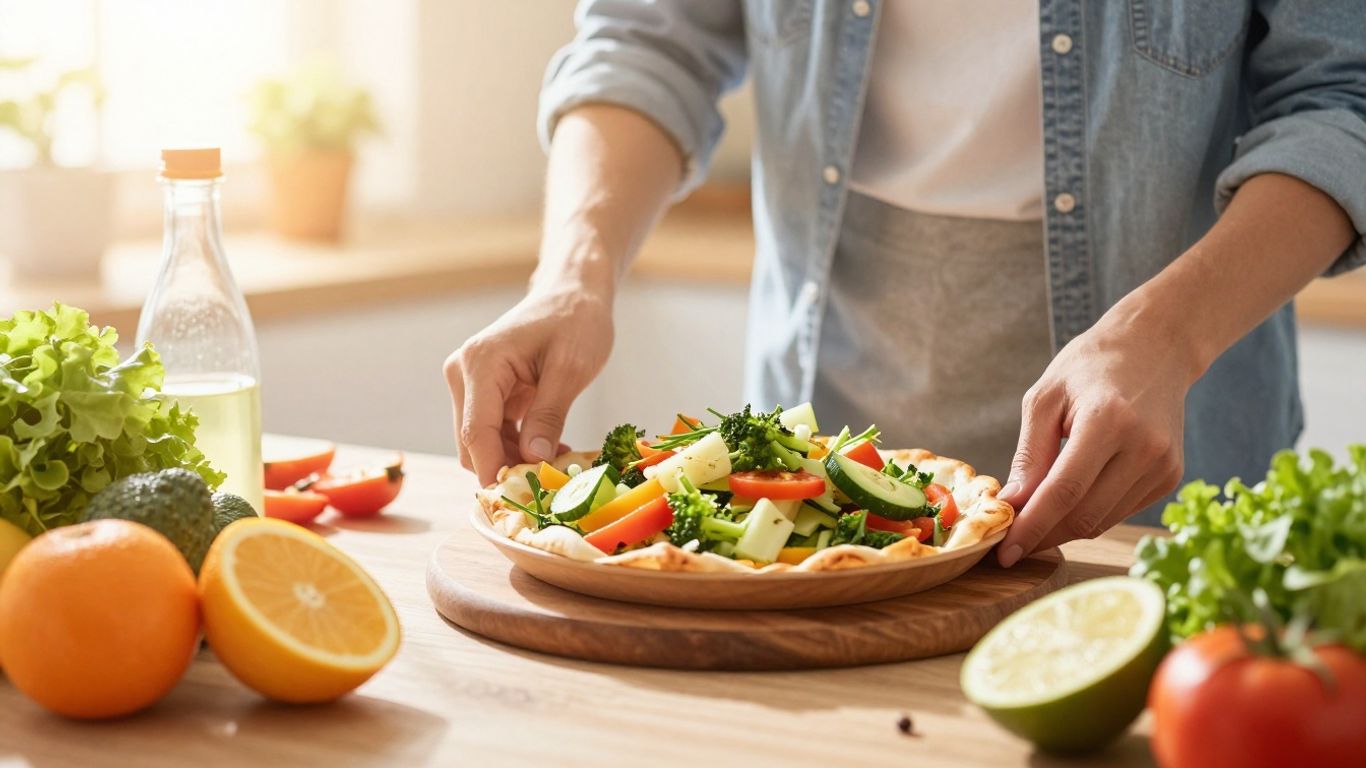 Pessoa preparando comida saudável com frutas e vegetais frescos.