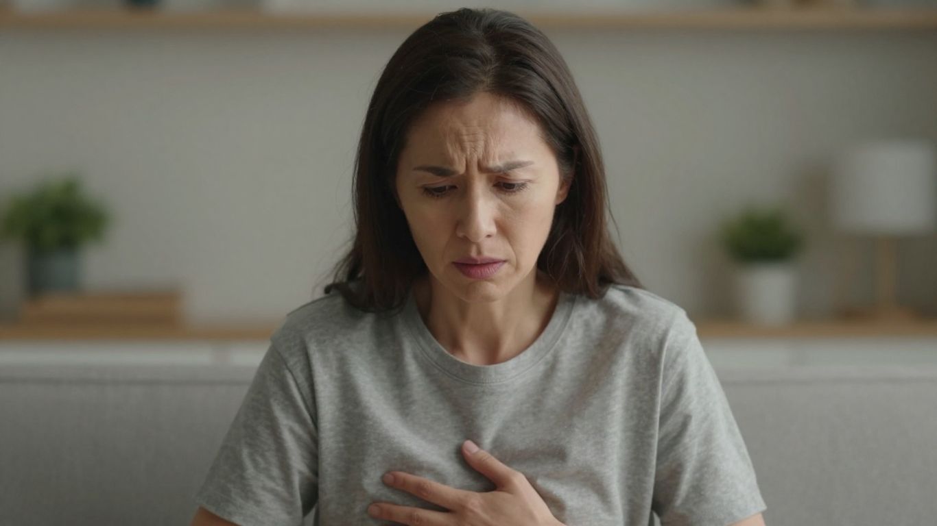 Mulher com leve desconforto abdominal e preocupação.