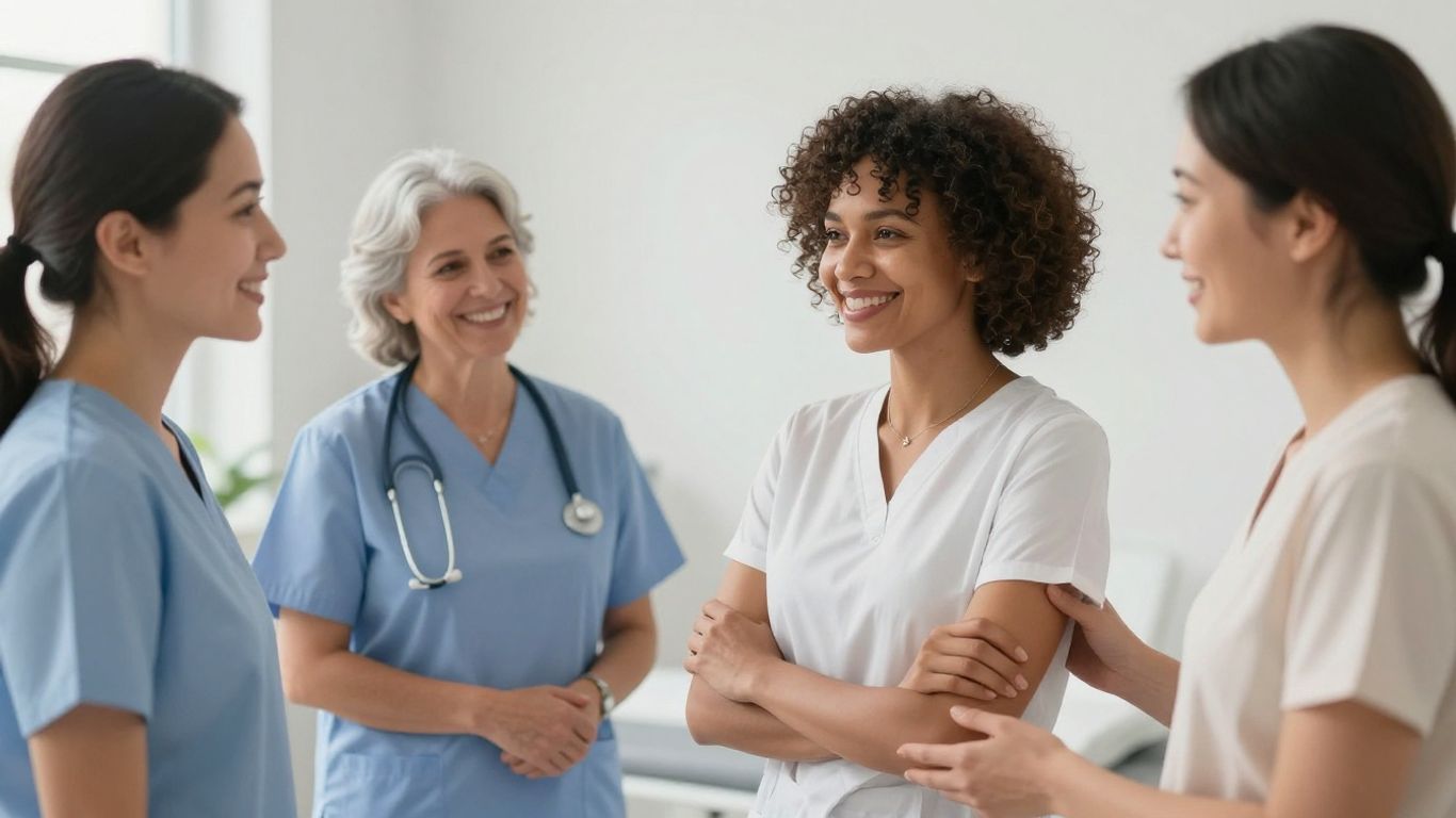 Mulheres sorrindo em ambiente médico, cuidando da saúde.