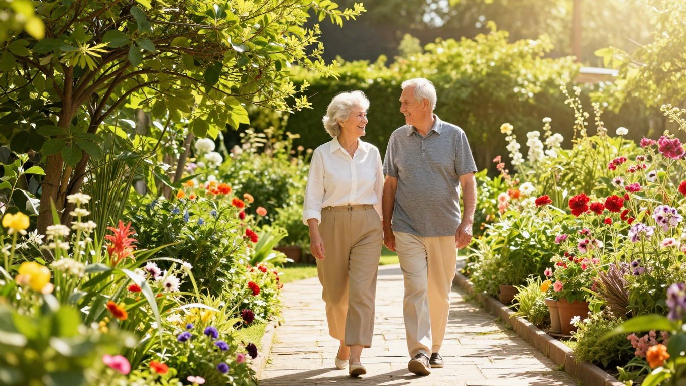 Casal idoso sorrindo em um jardim ensolarado.