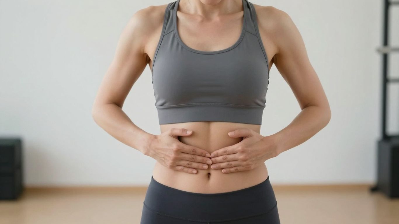 Mulher fazendo exercício pélvico com foco no abdômen.
